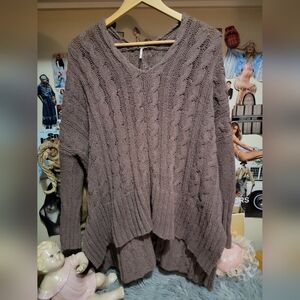 Free People Easy Cable V Neck Mushroom Sweater